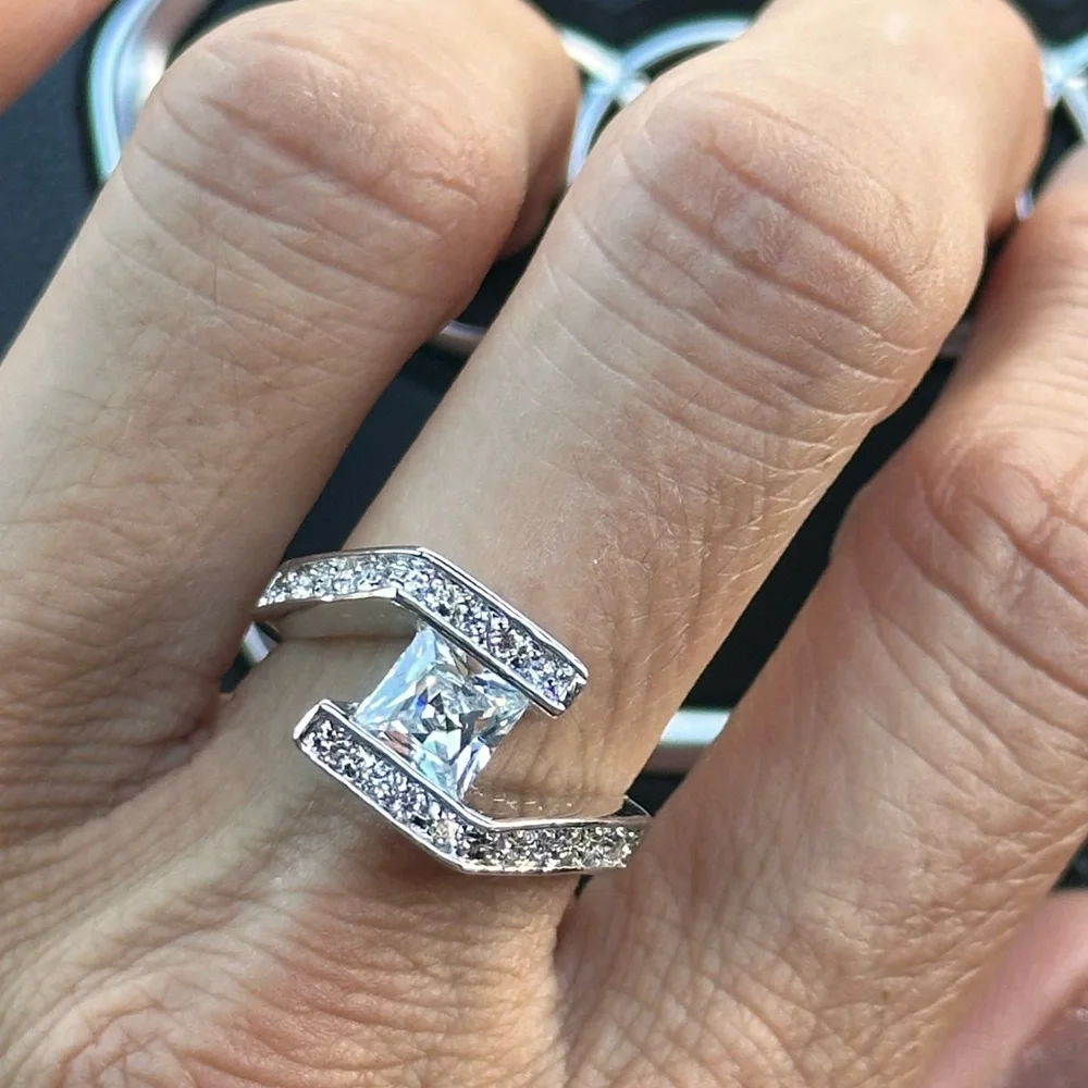 Swarovski Elements Princess Cut Crystal Silver Ring 6.75